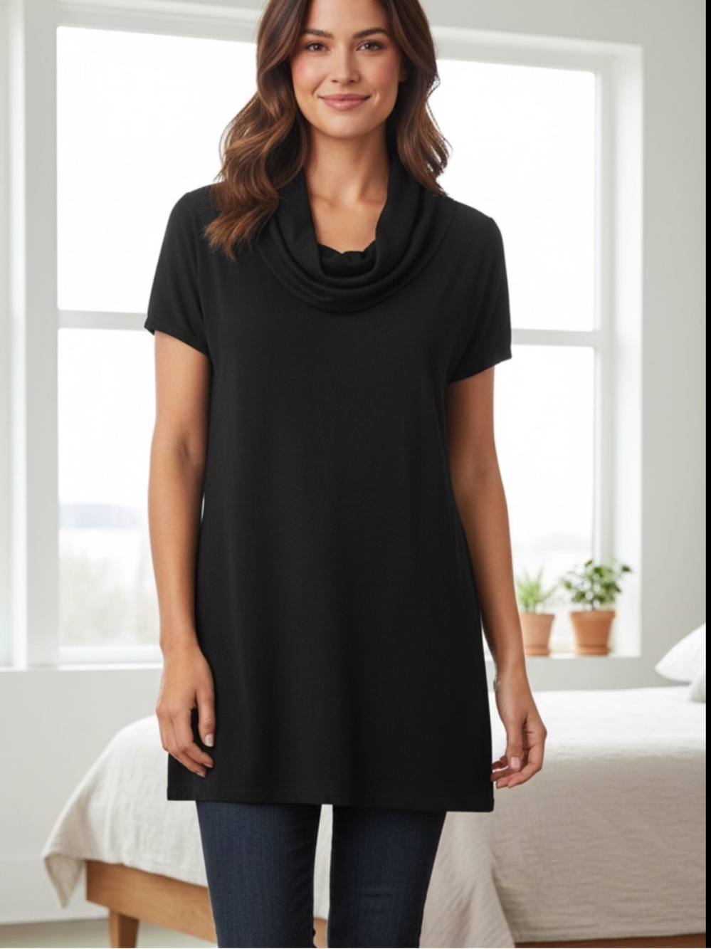 August Silk Black Short Sleeve Cowl Neck Tunic Knit Top Sweater Silk Cotton L